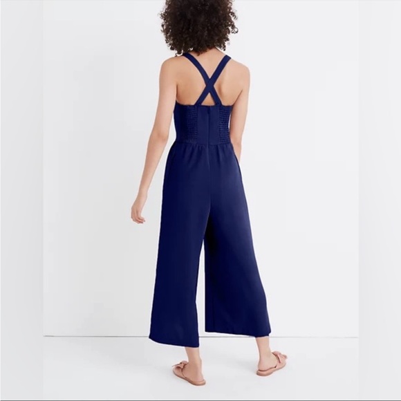 MADEWELL Navy Button Front Smocked Cross Back Jumpsuit Size 2 - Picture 3 of 16